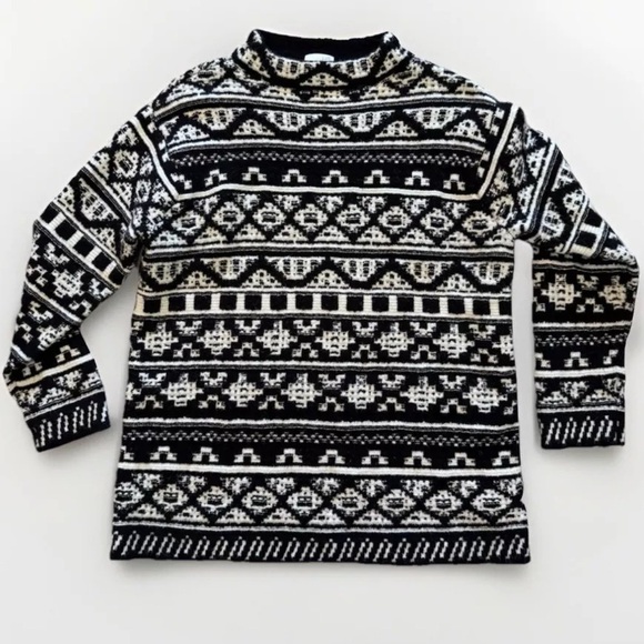 J Jill Sweater Top Sz M Cozy Wool Blend Black White Jacquard Pullover Knit Boho - Picture 1 of 8